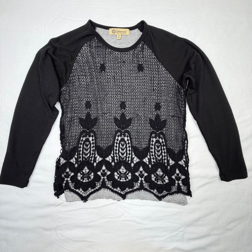 Democracy Womens Medium Black‎ Grey Lace Overlay Raglan Long Sleeve Top Boho